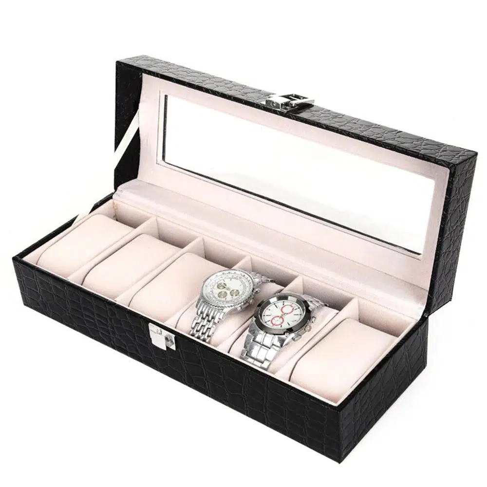 organizador-para-reloj-con-textura-de-piel-de-cocodrilo-6-relojes organizador para relojes piel de cocodrilo