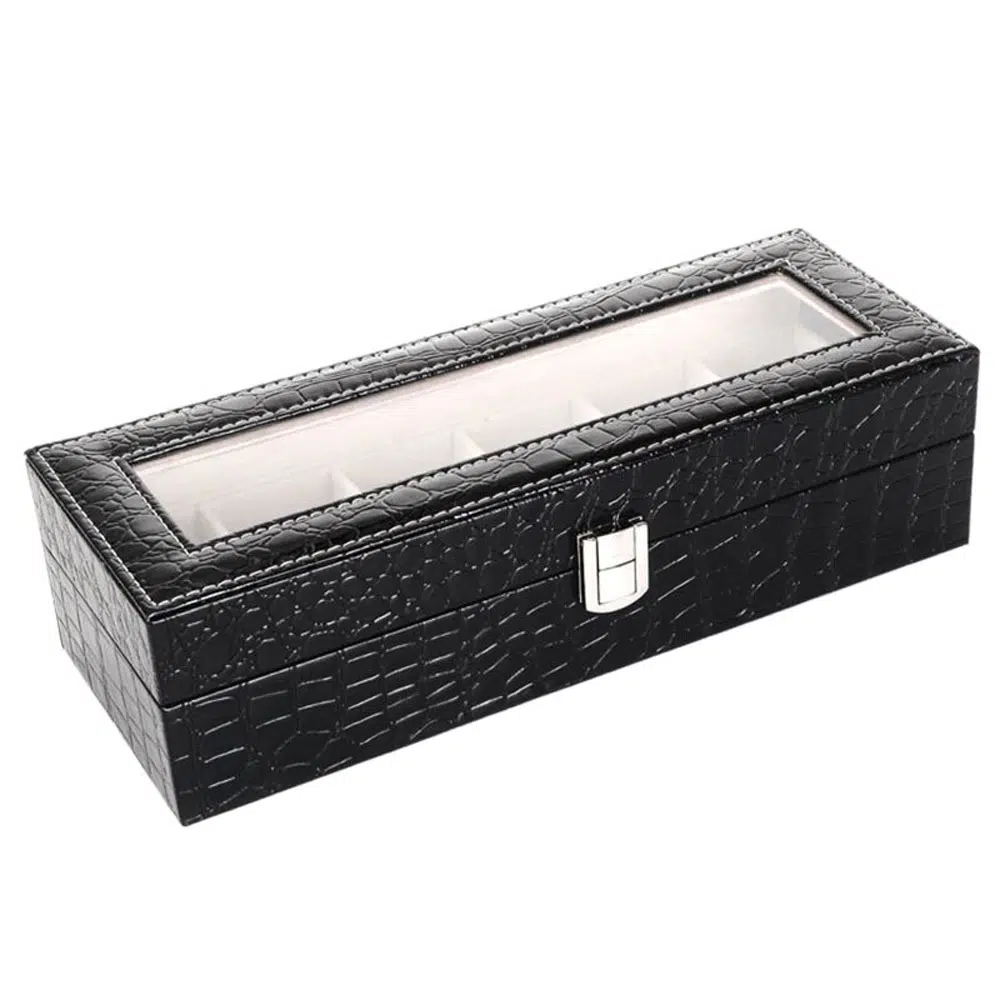 organizador-para-reloj-con-textura-de-piel-de-cocodrilo caja organizador de relojes piel de cocodrilo